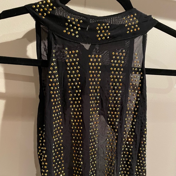 ASOS Sexy Gold Crystal Stud Mesh Black Halter Neck Backless Bodysuit - Picture 2 of 11